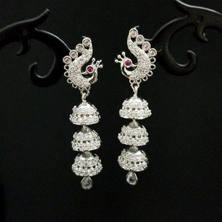 Tulle White Peacock CZ American Diamond Triple Jhumki Earrings - ECLAT INDIAN JEWELSEarringsWhite