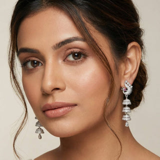 Tulle White Peacock CZ American Diamond Triple Jhumki Earrings - ECLAT INDIAN JEWELSEarringsWhite