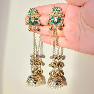 Veera Green Kashmiri Shoulder Duster Jhumka Antique Gold Finish Earrings - ECLAT INDIAN JEWELSKashmiri EarringsGreen