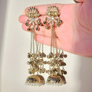 Veera Light Pink Kashmiri Shoulder Duster Jhumka Antique Gold Finish Earrings - ECLAT INDIAN JEWELSKashmiri EarringsPink