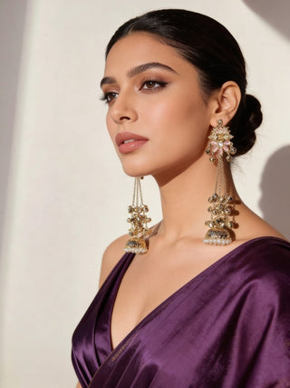 Veera Light Pink Kashmiri Shoulder Duster Jhumka Antique Gold Finish Earrings - ECLAT INDIAN JEWELSKashmiri EarringsPink