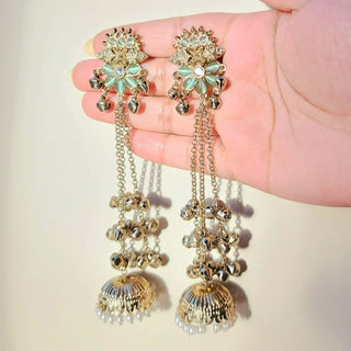 Veera Mint Green Kashmiri Shoulder Duster Jhumka Antique Gold Finish Earrings - ECLAT INDIAN JEWELSKashmiri EarringsGreen