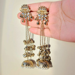 Veera White Kashmiri Shoulder Duster Jhumka Antique Gold Finish Earrings - ECLAT INDIAN JEWELSKashmiri EarringsWhite