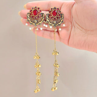 Veronica Red Kashmiri Oxidised Gold Finish Earrings - ECLAT INDIAN JEWELSKashmiri EarringsRed
