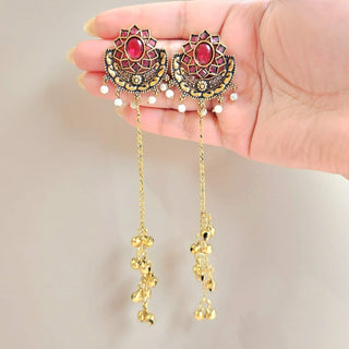 Veronica Ruby Pink Kashmiri Oxidised Gold Finish Earrings - ECLAT INDIAN JEWELSKashmiri EarringsPink