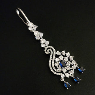 Vivian Blue CZ White Rhodium Maang Tikka - ECLAT INDIAN JEWELSMaang TikkaBlue