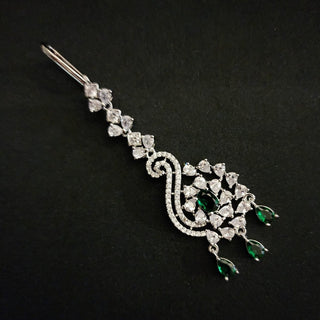 Vivian Green CZ White Rhodium Maang Tikka - ECLAT INDIAN JEWELSMaang TikkaGreen