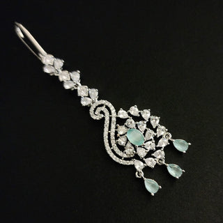 Vivian Mint Green CZ White Rhodium Maang Tikka - ECLAT INDIAN JEWELSMaang TikkaGreen