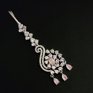 Vivian Pastel Pink CZ White Rhodium Maang Tikka - ECLAT INDIAN JEWELSMaang TikkaPink