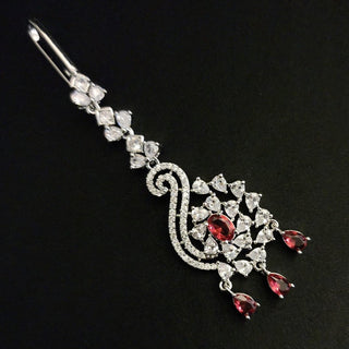 Vivian Red CZ White Rhodium Maang Tikka - ECLAT INDIAN JEWELSMaang TikkaRed