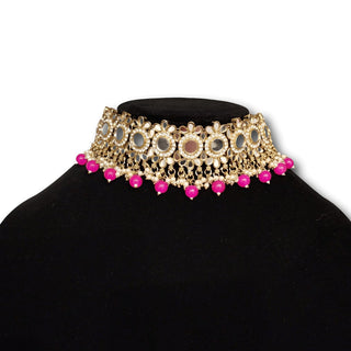 Willette Magenta Pink Choker Mirror Necklace Set with Tikka - ECLAT INDIAN JEWELSNecklace SetsPink