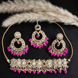 Willette Magenta Pink Choker Mirror Necklace Set with Tikka - ECLAT INDIAN JEWELSNecklace SetsPink