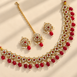 Winifred red kundan Indian necklace set with ruby red bead drops white stones and tikka