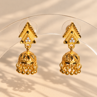 Winifred gold CZ diamond mini jhumka earrings with geometric triangle studs and dangling ghungroo beads
