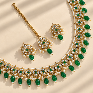 Winifred green kundan necklace set with earrings and maang tikka gold finish