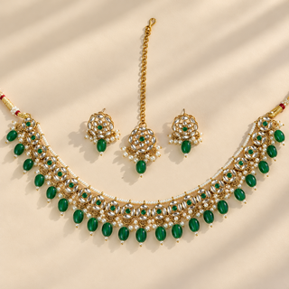 Winifred emerald green kundan Indian necklace set full necklace earrings and maang tikka