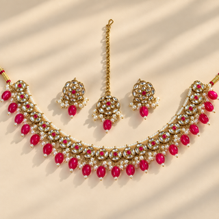 Winifred rani pink kundan necklace set with matching earrings and maang tikka gold finish full set