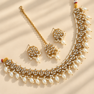 Winifred white kundan necklace set with pearl drops gold finish matching earrings and maang tikka flat lay