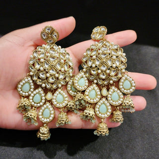 Zelda Mint Green Kundan Dangler Jhumki Earrings - ECLAT INDIAN JEWELSEarringsGreen