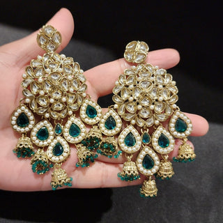 Zelda Peacock Green Kundan Dangler Jhumki Earrings - ECLAT INDIAN JEWELSEarringsGreen