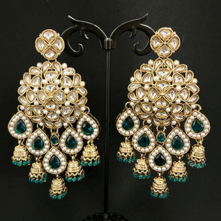 Zelda Peacock Green Kundan Dangler Jhumki Earrings - ECLAT INDIAN JEWELSEarringsGreen